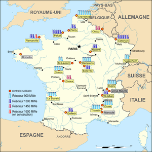 Carte de la répartition des réacteurs en France