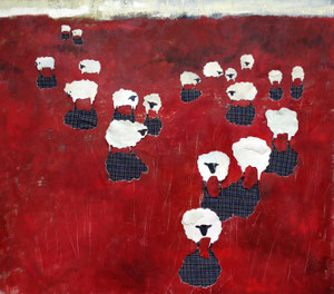 Shadowed Sheep, oil on canvas/fabric collage, 2016 (sold)