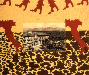Eine Straße mit Häusern an einem Pinienwald in Viareggio/ Italien, 1996, Stoffdruck und Acryl auf Nessel, 51x60x5 cm