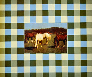 Pferde auf einer Weide bei Bersenbrück, Norddeutschland, 1997, Stoffdruck und Kunstharzlack auf Nessel, 51x60x5 cm