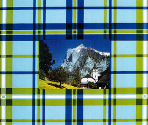 Weiße Kirche vor dem Wetterhorn im Grindelwald, 1997, Stoffdruck und Kunstharzlack auf Nessel, 51x60x5 cm