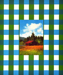 Schutzhütte im Thüringer Wald, 1997, Stoffdruck und Kunstharzlack auf Nessel, 51x60x5 cm