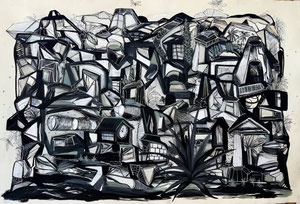 Platform [SMA041825-32X48] | 2025 | charcoal, gouache, acrylic and ink on paper | 32 x 48 in ( 81 x 123 cm )