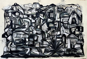 Platform [SMA041825-32X48] | 2025 | charcoal, gouache, acrylic and ink on paper | 32 x 48 in ( 81 x 123 cm )