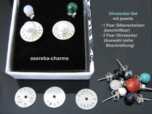 Ohrstecker-Set mit diversen Edelsteinen und beschriftbarer Silberscheibe
