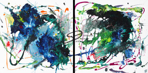 Sarah Esslinger-Dahlmann, Welten (zweiteilig), April 2023, 60 x 60 cm bzw. gesamt 120 x 60 cm, Acrylfarbe, Mischtechnik auf Leinwand