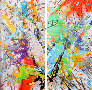 Sarah Esslinger-Dahlmann, prickelnd (zweigeteilt), September 2024, 70 x 140 bzw. gesamt 140 x 140 cm, Acrylfarbe, Mischtechnik auf Leinwand