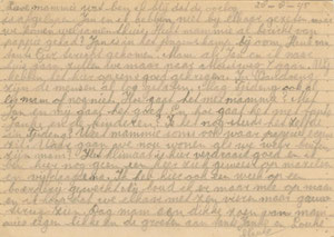 Briefkaart verstuurd door Sikke Nauta op 28-8-45  vanuit het kamp Tjimahi 4 aan  Egberdina Nauta - de Vries in kamp Tjideng.