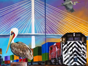 Detail of Mural for the Port of Long Beach & LBUSD at Cabrillo High School in Long Beach, in the Academy of Global Logistics Quad.