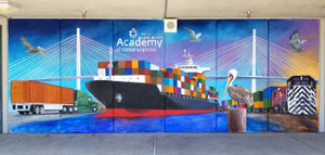 Mural for the Port of Long Beach & LBUSD at Cabrillo High School in Long Beach, in the Academy of Global Logistics Quad.