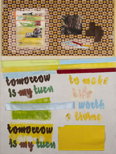 tomorrow is my turn, 2021, 154 x 106 cm, fabric, paper and printing ink on wood panel