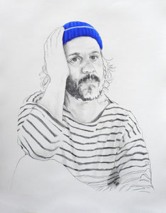 Self Portrait Series (with Papy's Blue Knit Cap) #2, Graphite and Oil on Paper, 24 x 18 inches, 2014