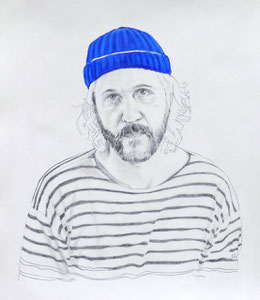 Self Portrait Series (with Papy's Blue Knit Cap) #1, Graphite and Oil on Paper, 24 x 18 inches, 2014