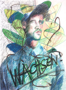 Wach sein (mit Marcel)   2023  Zeichnung auf Papier  78 x 58 cm