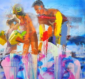 Augenhöhe herstellen (800x600_mondsee_Baden_Familie.jpg)  2014  Malerei auf Leinwand  120 x 130 x 4 cm