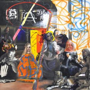 Fate Fiction (an: 012 Velazquez Las Meninas_2.jpg)  2014  Malerei und Fotodigitaldruck auf Papier (30 x 40 cm) an Magneten auf Leinwand  200 x 200 x 4 cm