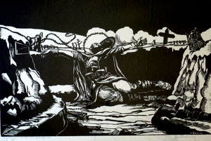 Le guetteur dans la tranchée - Xylogravure tirée à 20 exemplaires - Signée dans la planche et au crayon - 57 x 39 cm 