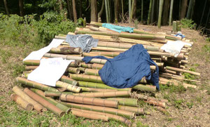 　強い陽射しで汗に濡れた衣類を乾かす
