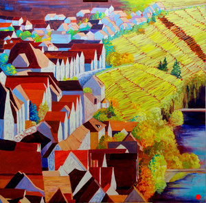 #582, Besigheim an der Enz - Goldener Herbst, Acrylgemälde, Leinwand auf Keilrahmen,  Golden Autumn (Besigheim an der Enz), acrylic painting, Canvas on stretcher frame,  H x B x T (H x W x D): 100 cm x 100 cm x ca. 3,8 cm, VERKAUFT/SOLD