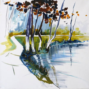 #622, Weiher im Park, Acrylgemälde, Leinwand auf Keilrahmen,  Pond in the park, acrylic painting, Canvas on stretcher frame,  H x B x T (H x W x D): 50 cm x 50 cm x ca. 4 cm, VERFÜGBAR/AVAILABLE