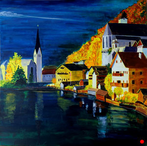 #588, Herbst - Hallstatt, Acrylgemälde, Leinwand auf Keilrahmen,  Autumn in Hallstatt, acrylic painting, Canvas on stretcher frame,  H x B x T (H x W x D): 90 cm x 90 cm x ca. 3,8 cm, VERKAUFT/SOLD