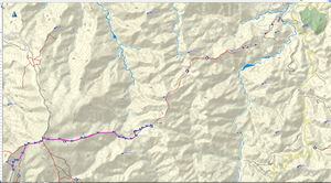 計画の月山リフト終点から肘折温泉までの全体図と大森山までの軌跡