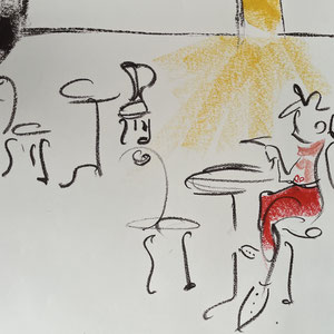 Dining Alone, melted crayon on paper, 14" X 17", 2023