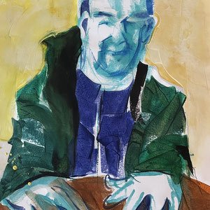 MW and the Cat, melted crayon on paper, 24" X 18", 2020