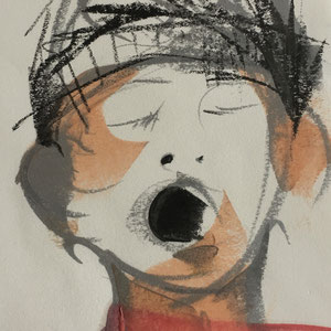 Caroler, melted crayon on paper, 6" X 3", 2018