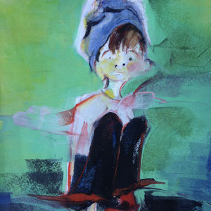 O With Hat On, melted crayon on paper, 18" X 24", 2016