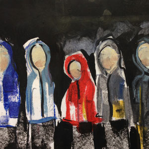 Oskar's Future Gang, melted crayon on paper, 18" X 12", 2016