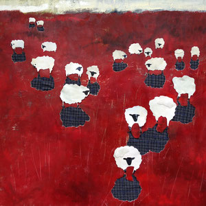 Shadowed Sheep, oil on canvas/fabric collage, 2016 (sold)