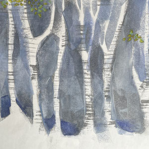 Winter Spring Birch, melted crayon on paper, 17" X 14", 2025 