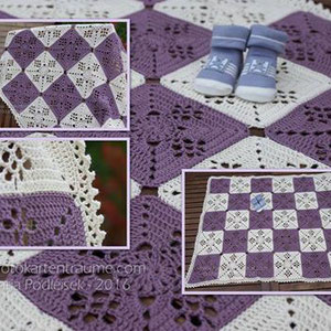 Babydecke ca. 79x95cm groß / Verbrauch 170g Creme & 130g Violett 4-fädig / aus 30 Quadraten gehäkelt mit NS 3,5 von Maria Podleisek