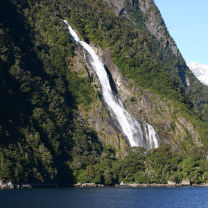 Wasserfall am Hafen von Milford Sound