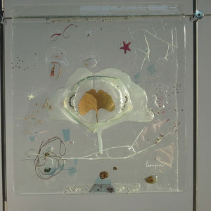 Ginko, Floatglas, Ginkoblatt, Mischtechnik, 22x20 cm