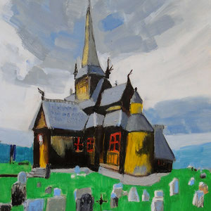 Lom stavkirke, huile sur contreplaqué, 40 x 30 cm