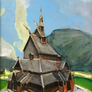 Borgund stavkirke, huile sur contreplaqué, 40 x 30 cm