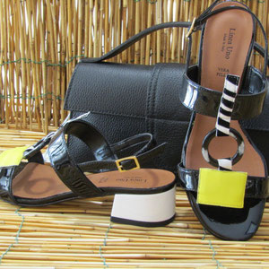Sandalo in pelle e vernice nero multicolor tacco 30 fondo cuoio