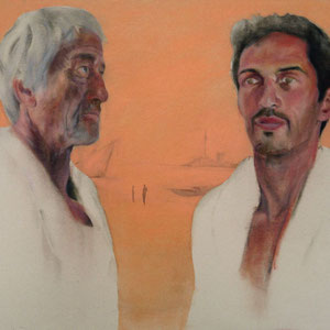 Double portrait d'hommes (étude pour Delayed departure), 2017, huile sur toile, 73 x 116 cm 