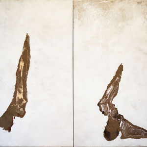 Diptyque, 1993, Jeu d’enduit, colle de peau et technique mixte sur toile, 2 x 240 x 160 cm.