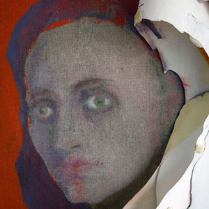 Détail, travail en cours, papier Ingres détourant un visage de femme, huile sur toile, 2012