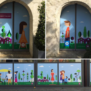 Bercy Village / visuels pour adhésivage de vitrines à partir d'une charte existante