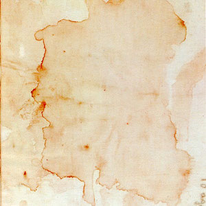 "Pezzuola" del 10 agosto 1949 (anniversario della Messa di Padre Pio), fotografata nel settembre 1962. Il processo di fusione dei due liquidi è, da molto tempo, terminato e gli arabeschi rosso-bruni si sono definitivamente fissati alla periferia del lino