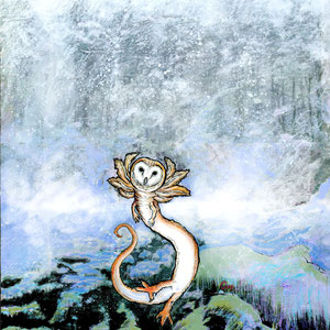 "The Owlmander." Mixed media collage painting on wood.