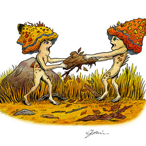 'Shroomlings' for Gristle Art Gallery's Fantastic Fungi themed show, 'Toadstools.'  Ink on bristol + digital paint.