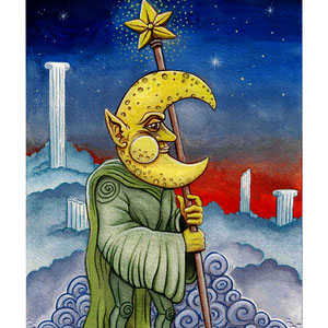 "Moon Man and the Cloud Ruins" Watercolor, gouache, and ink. For sale at Moonlight Arts Collective.