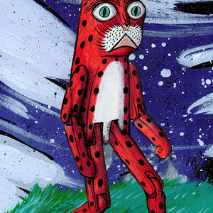 "The Hinged Cat." character concept illustration for The Tales of Reverie world-building project. Collage mixed media watercolor, gouache + ink on bristol. 