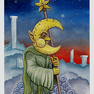 "Moon Man & The Cloud Ruins." Design for a children's book pitch. Watercolor, gouache, pen & ink.