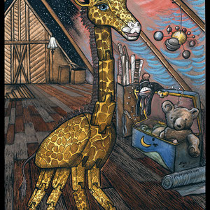"Giraffe in the Attic." Pen, ink, gouache on watercolor paper.